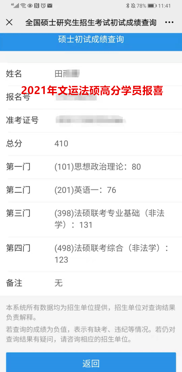 文运法硕2021学员有大量学员取得好成绩,还有不少初试400分以上的